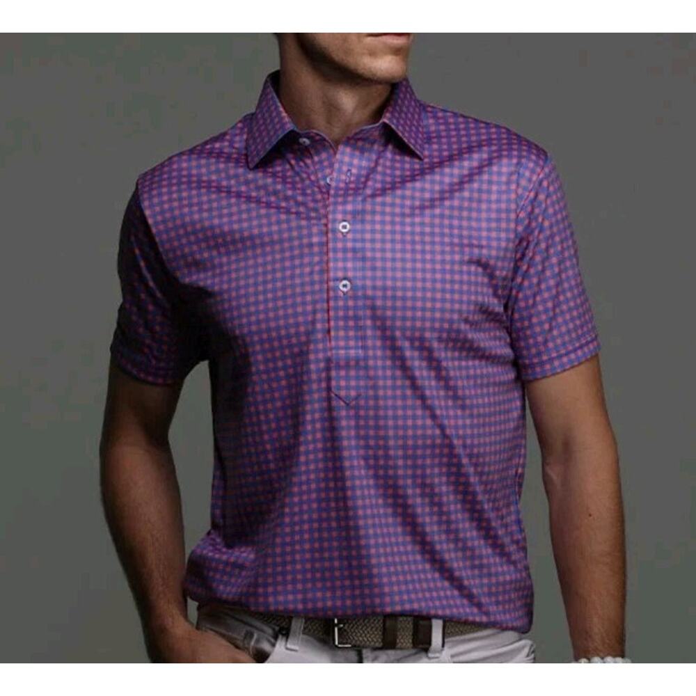 Collars & Co Men's 2XLT Big & Tall Polo Shirt Red Blue Gingham Semi-Spread